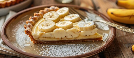 Leinwandbilder - Plate with a slice of delicious banana pie on a wooden surface. with copy space image. Place for adding text or design