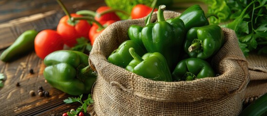 Fototapete - A handful of green hot peppers in a pouch viewed from above on a light stone surface and cutting board Ample space for text