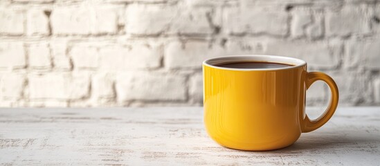 Aufkleber - Large yellow ceramic mug filled with American coffee on a white table in front of a light brick wall featuring copy space