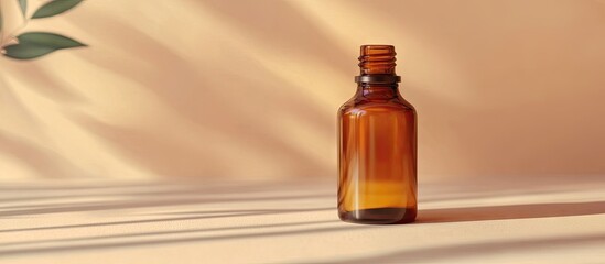 Poster - Clear liquid or essential oil in a brown bottle on the table with copyspace