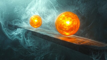 Aufkleber - A stunning visual of two glowing celestial bodies suspended on a scale amidst a foggy cosmic backdrop. This digital art piece illustrates balance and the beauty of the universe. AI