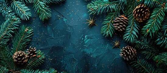 Poster - Christmas and New Year backdrop A branch of a Christmas tree set against a black background Pine cones and tree decorations Top view Copy space