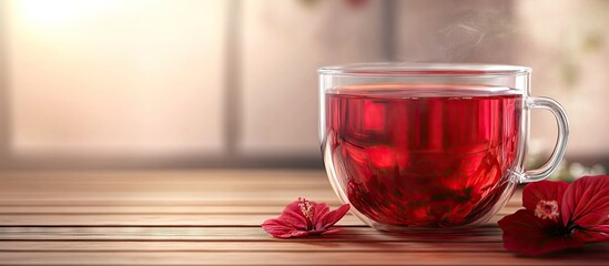 Aufkleber - Transparent glass cup filled with hot red tea made from hibiscus Copy space