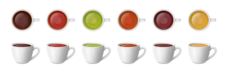 Variety of tastes, realistic set of cups of tea. Vector isolated cups with aromatic beverage. Cafe or restaurant served drink, hot beverage with taste of ginger, hibiscus or jasmine. Matcha or black