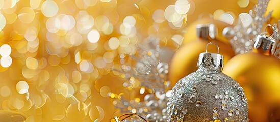 Poster - Elegant yellow and silver Christmas decorations along with a canvas for text on a yellow tabletop surface. with copy space image. Place for adding text or design
