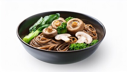 Wall Mural - delicious bowl of soba noodles with bok choy and mushrooms isolated on a transparent background