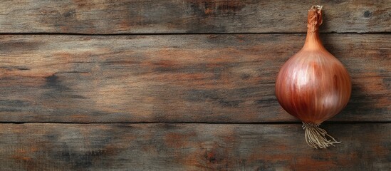 Poster - Close up of a Crimean sweet onion on an aged wooden surface Flat lay Top view Copyspace Selective focus