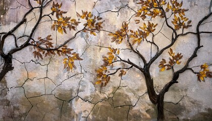 Wall Mural - a cracked wall on which trees are painted from which branches with leaves hang painted on a textured background photo wallpaper