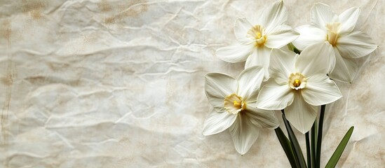 Canvas Print - textured fashionable vintage paper background square featuring paperwhite Narcissus. with copy space image. Place for adding text or design