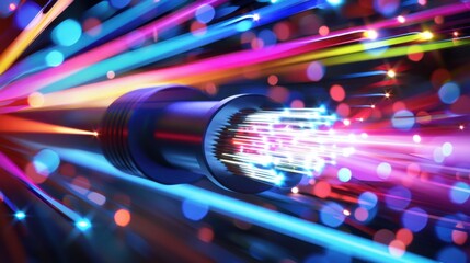 Poster - Close-up of a fiber optic cable with vibrant light signals, symbolizing high-speed data transmission in modern technology