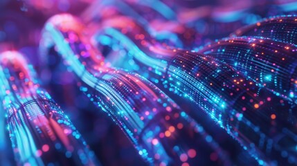 Poster - Close-up of a fiber optic cable with vibrant light signals, symbolizing high-speed data transmission in modern technology