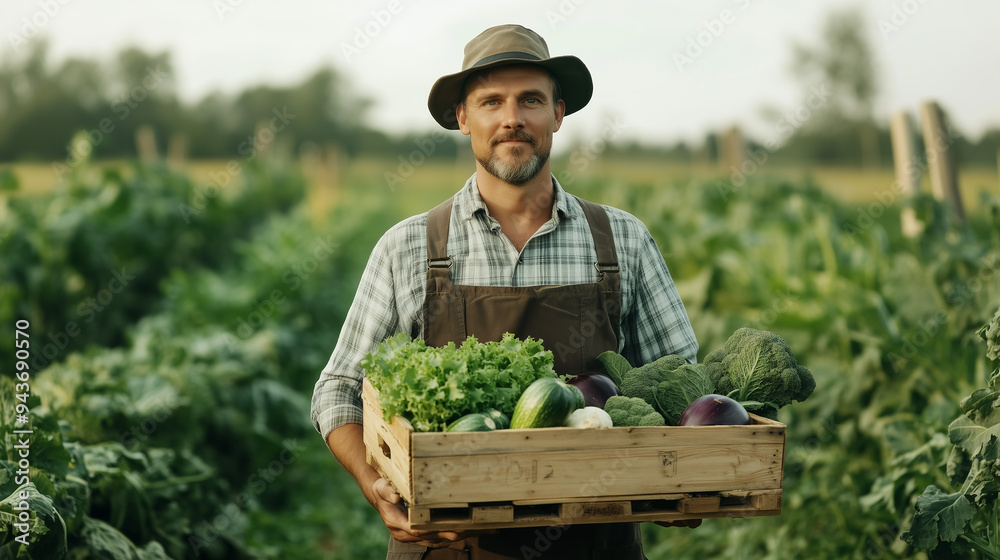 Confident male organic farmer standing in a lush vegetable field ...