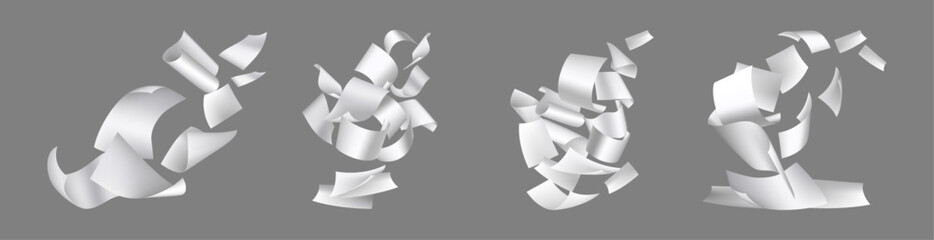 Poster - Group of flying paper sheets, isolated empty office documents floating in air. Vector realistic stack of blank pages or notes in motion. Mess in paperwork. Falling leaflets or letters mockup