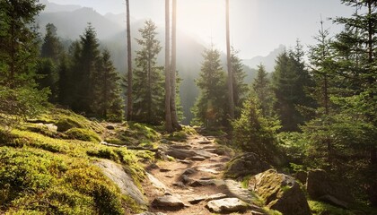 hiking through a serene mountain forest generative ai