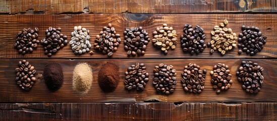 Poster - Cup filled with coffee roasted beans on a wooden table top view aromatic drink ingredient background. with copy space image. Place for adding text or design