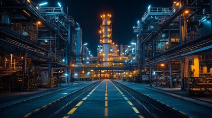 Poster - A modern manufacturing facility showcasing carbon-neutral practices, brightly lit and bustling at night.