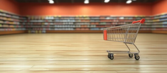 Aufkleber - An empty shopping cart with wheels is positioned on a wooden board in front of a blurred supermarket background This represents the idea of quick delivery of products from the store