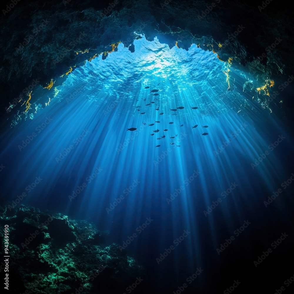 Underwater cave with stalactites and fish swimming in the dark ...