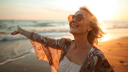 Poster - A joyful woman enjoying a sunset at the beach, embracing nature and tranquility.