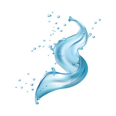 Aufkleber - Splash of water with drops, falling water, wave swirl with drops, realistic design. Vector blue liquid splashing fluids with droplets, drink 3d element. Clear aqua falling or pour with air bubbles