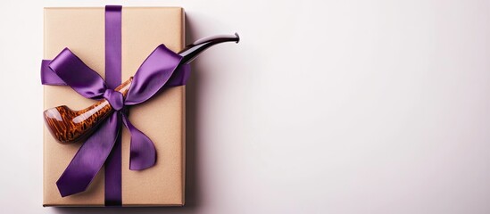 Poster - Violet necktie gift box with a white ribbon brown craft paper envelope and smoking tobacco pipe on a white background with copy space Text space available Top view Fashionable style concept