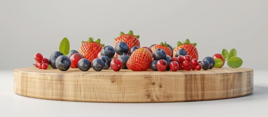 Leinwandbilder - Empty round wooden podium for product presentation featuring assorted seasonal berries on a white background Copyspace mockup concept