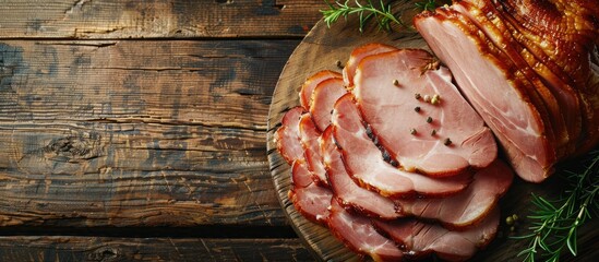 Poster - Homemade smoked ham sliced pork on a wooden surface copy space