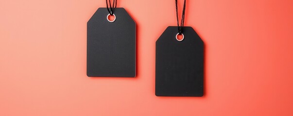 Two hanging black price tags against a coral background, perfect for showcasing pricing or labeling in various designs