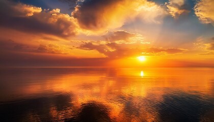 beautiful landscape sunset with golden orange sky on sea water reflection ai generated image