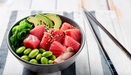 Wall Mural - healthy tuna poke bowl with edamame