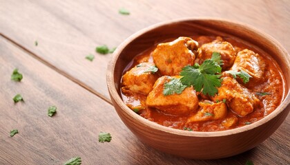 spicy chicken tikka masala in bowl wood background