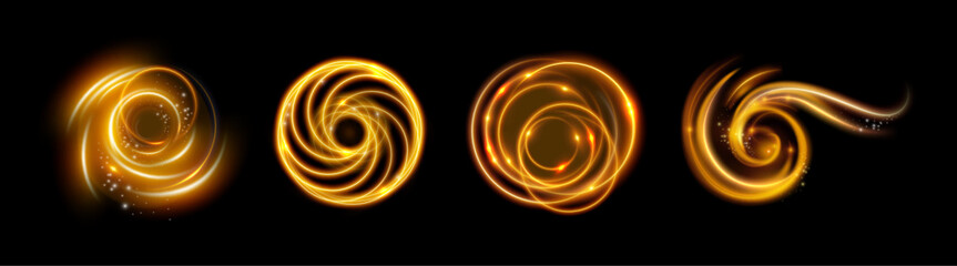 Aufkleber - Gold twirls, isolated curves with shining particles with light effect of neon. Vector luminous spirals with bright dust. Advertising or postcards, invitations or screensavers, websites or games design