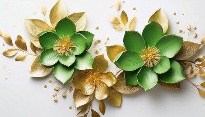 luxurious blooms large lime colored flowers adorned with gold leaf detailing against a white background