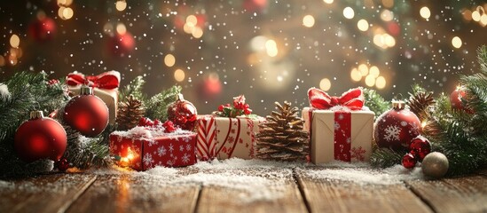 Aufkleber - Fluffy Christmas theme Festive Christmas backdrop featuring fluffy decorations Christmas ornaments gift boxes and artificial snow on a comfortable wooden table with copy space