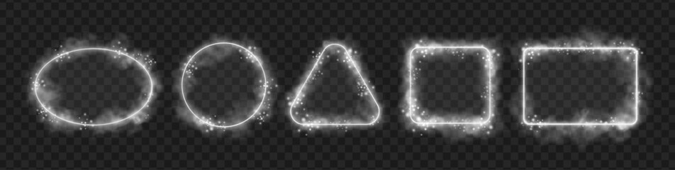 Aufkleber - Frames and borders with different geometric shapes. Isolated realistic empty and blank container with copy space and neon smoke effect. Rectangular and squared, triangles and circles with led line