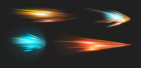 Poster - High speed motion blurry trails and dynamic shapes. Vector isolated effects of movement, futuristic flash perspective. Light on roads or street at night. Neon glowing and shining in rapid moment