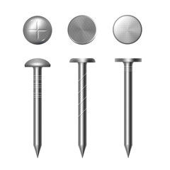 Metal nails types. Vector thin straight piece of steel and iron with pointed and flat end, heads top view. Realistic metallic hardware. Industrial equipment or tool for fixing or repairing