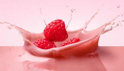 Wall Mural - fresh raspberries splashing in creamy pink liquid capturing the burst of juicy fruit amidst vibrant color and motion