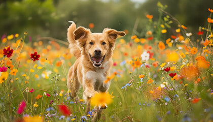 Wall Mural - A dog is running in a park with a red ball in its mouth