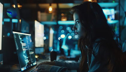 Wall Mural - A woman is sitting at a desk with a laptop in front of her