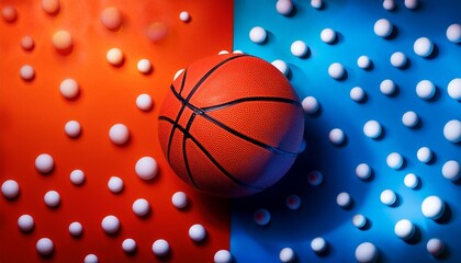 the background is divided into two parts one in red and the other in blue with white dots in front of them there s an orange basketball generative ai