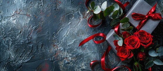 Holiday background for Valentine s Day featuring a bouquet of red roses tied with a red ribbon alongside a wrapped gift box set on a gray stone table Copy space top view