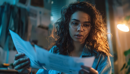 Wall Mural - A woman wearing glasses is reading a book