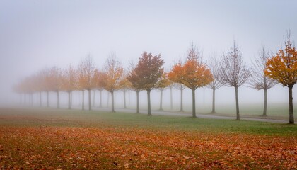 Wall Mural - desolate autumn landscape row of trees in thick fog