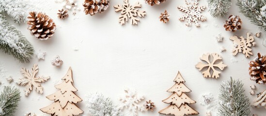 Leinwandbilder - Christmas backdrop featuring a wooden tree decoration snowflakes and pine cones on a white surface Flat lay top view Concept of holiday creativity. with copy space image