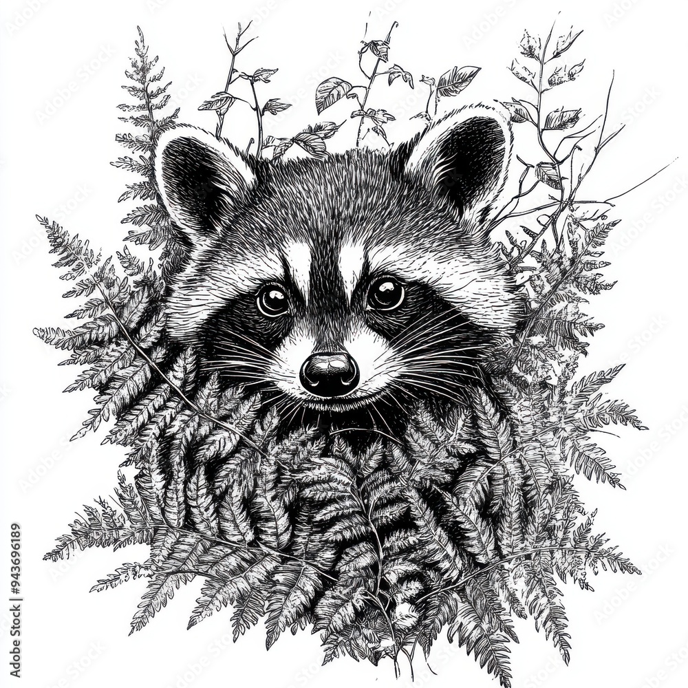Black and white Vintage engraved art of a raccoon peeking out from ...