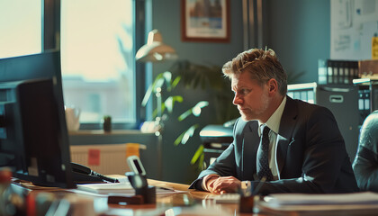 Canvas Print - A man in a suit is sitting at a desk with a computer monitor in front of him