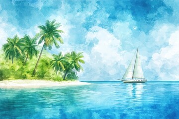 Wall Mural - Vibrant ocean scene with a sailboat and palm trees, embodying tranquility and the beauty of nature.