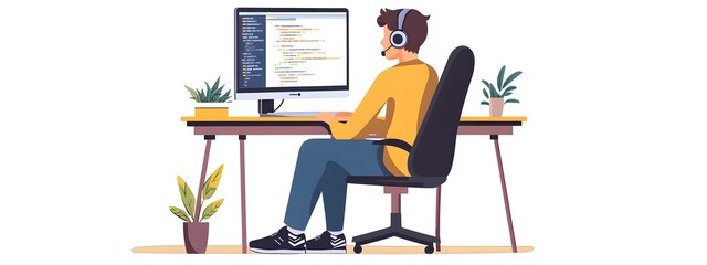 a young male programmer is sitting at his desk. he has headphones on, and the computer screen shows 
