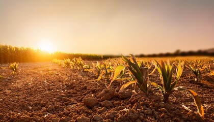 Wall Mural - minimal natural banner golden sunset over cornfield with harvested corn on the ground copy space